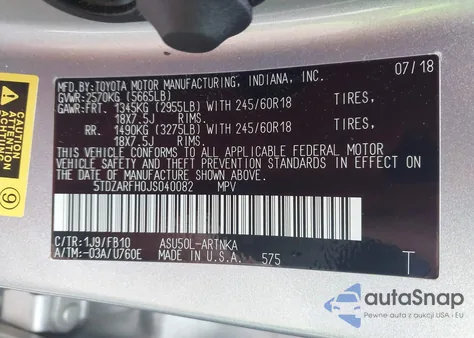 2018 Toyota Highlander Le z USA, uszkodzony, nr VIN 5TDZARFH0JS040082